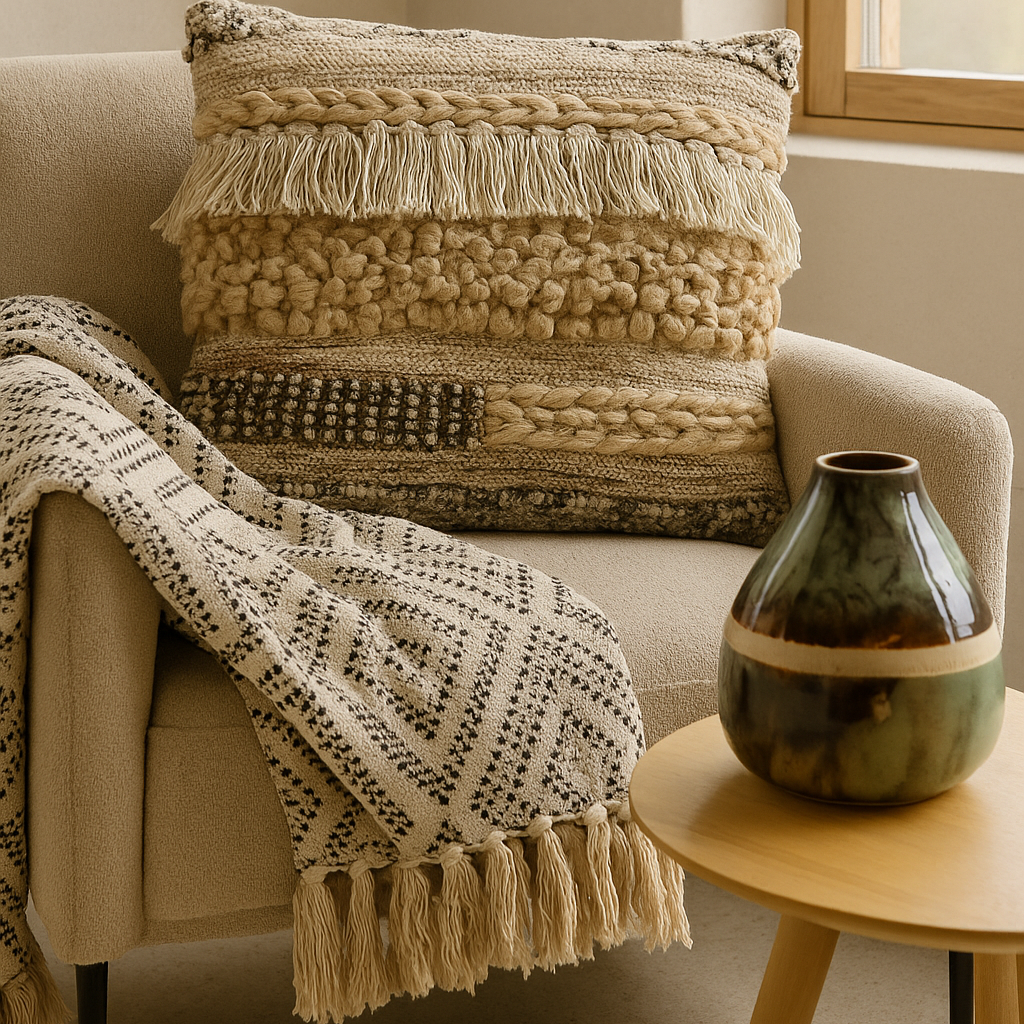 ANNA Filt, Beige/svart med Fransar