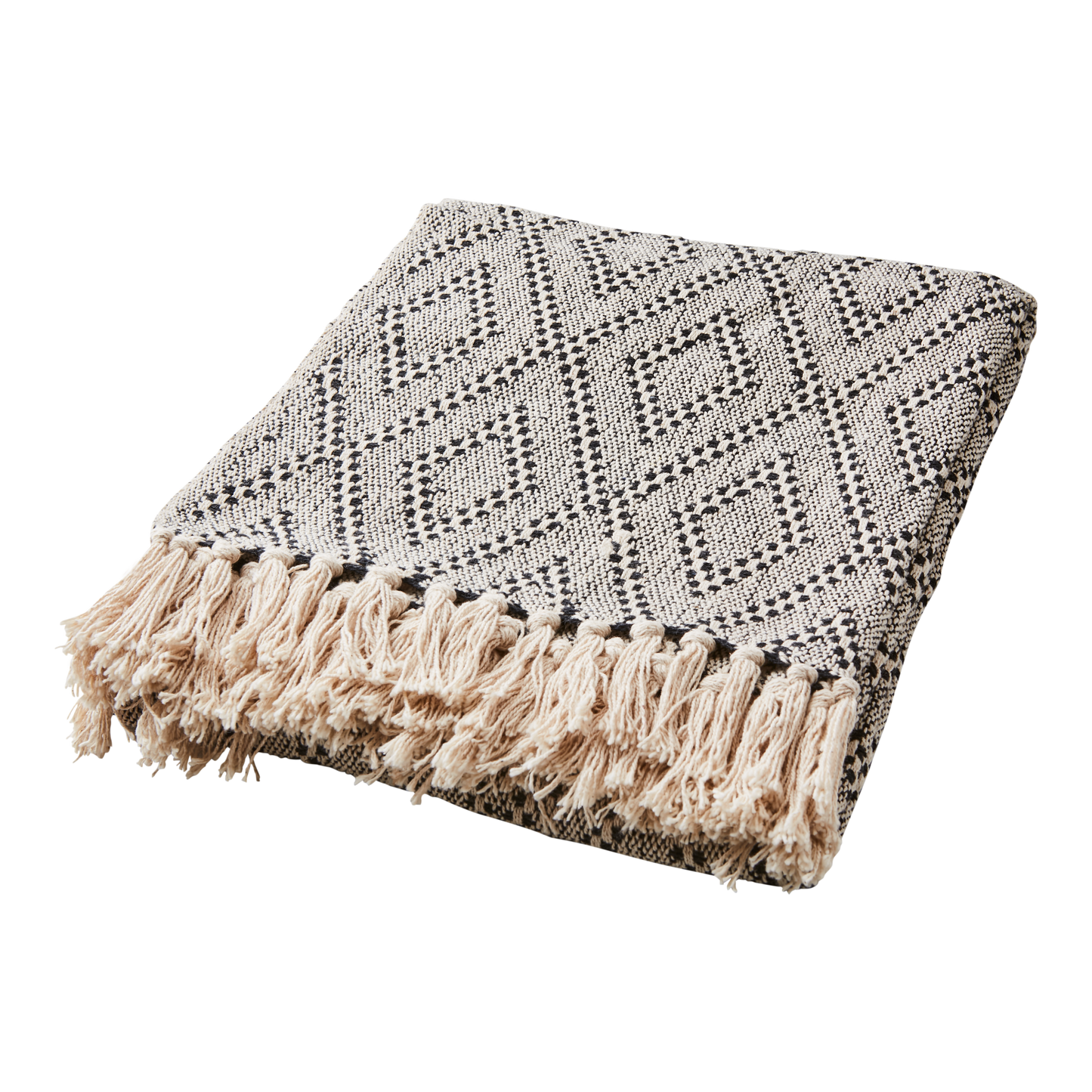 ANNA Filt, Beige/svart med Fransar
