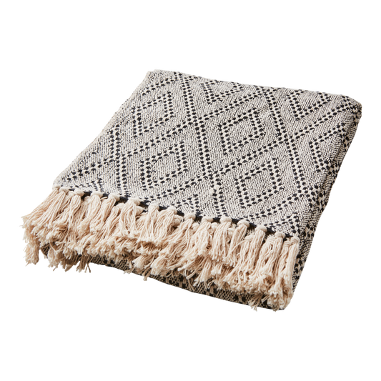 ANNA Filt, Beige/svart med Fransar