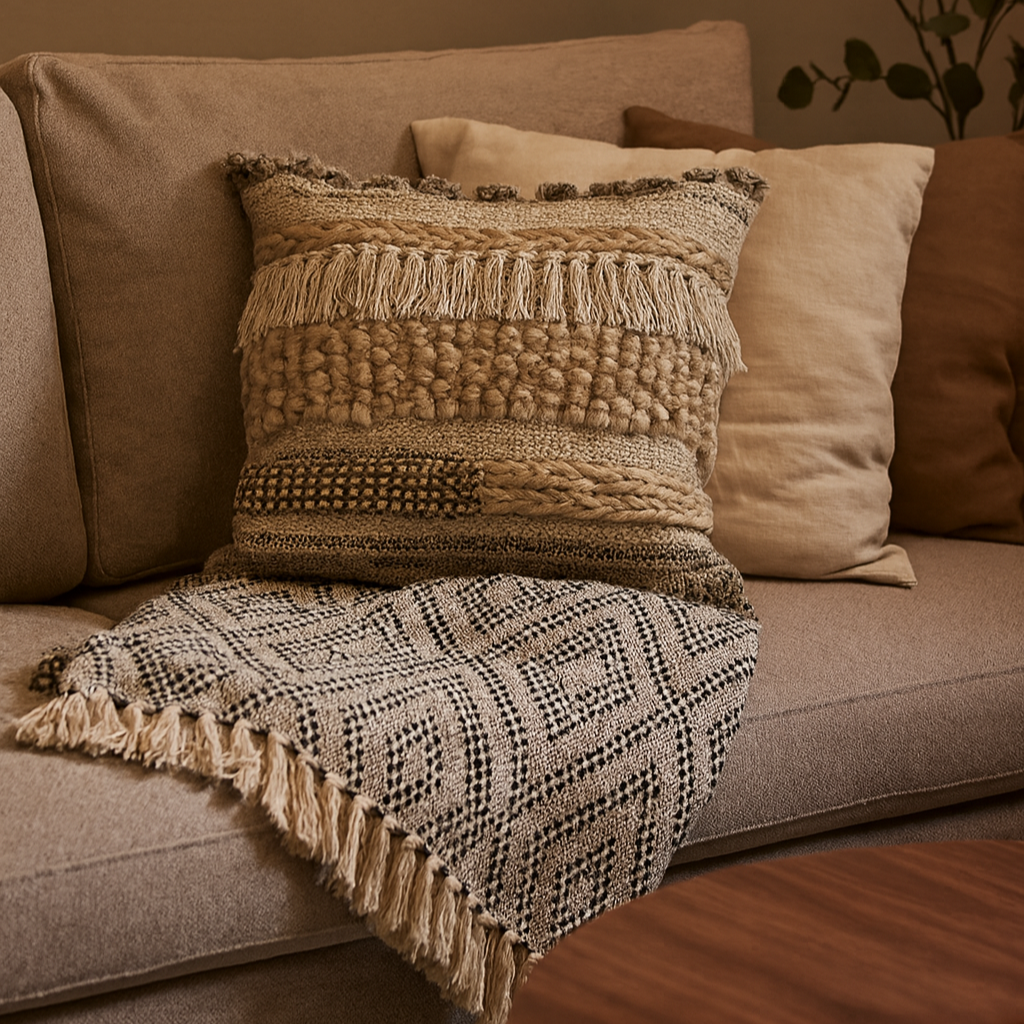 ANNA Filt, Beige/svart med Fransar