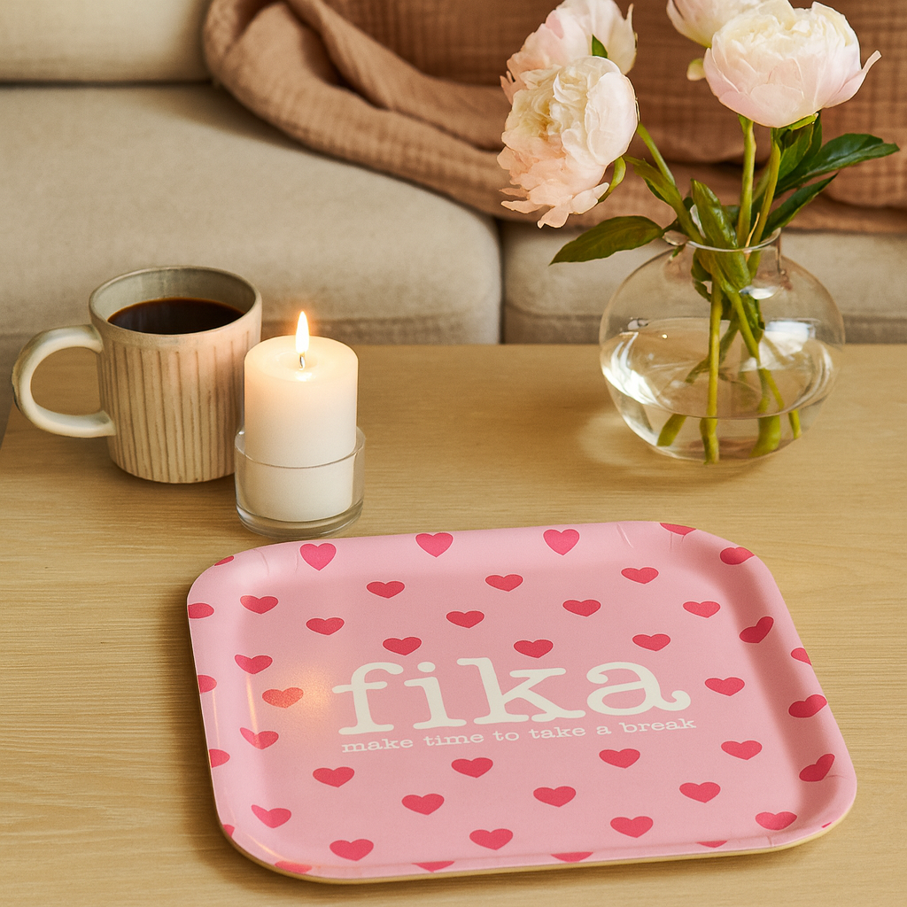 BRICKA 20x20 cm, Make time Fika/Hjärtan, rosa