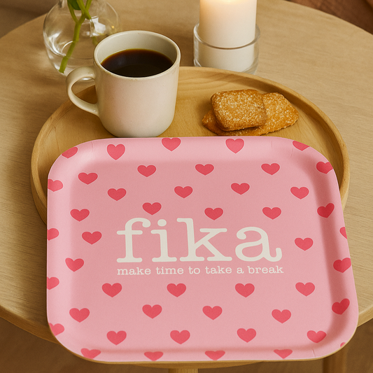 BRICKA 20x20 cm, Make time Fika/Hjärtan, rosa