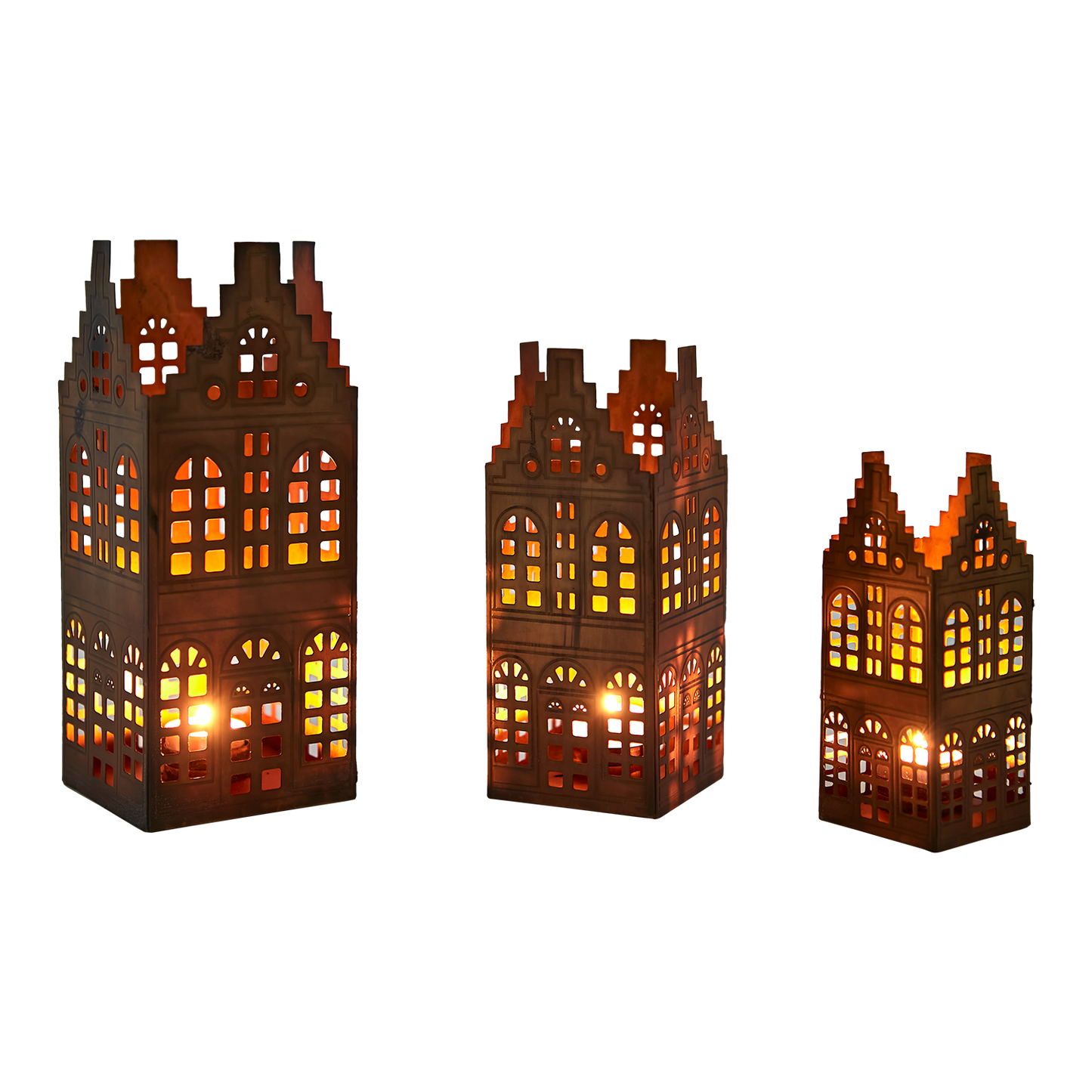 VILLAGE Ljuslykta hus, set om 3, Mässingsfärgad