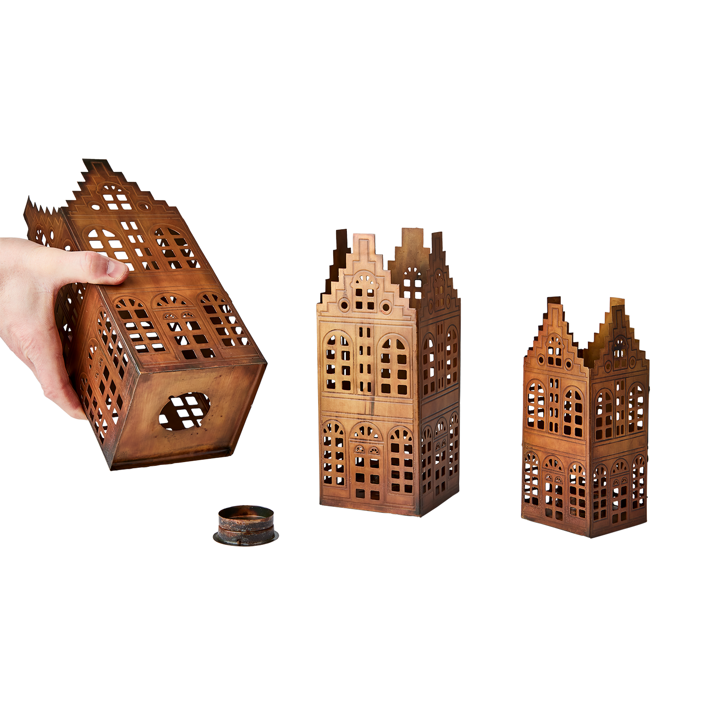 VILLAGE Ljuslykta hus, set om 3, Mässingsfärgad