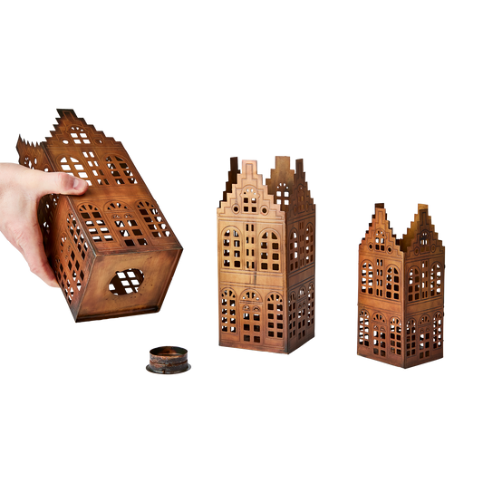 VILLAGE Ljuslykta hus, set om 3, Mässingsfärgad