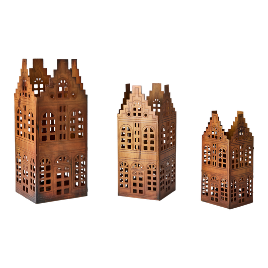 VILLAGE Ljuslykta hus, set om 3, Mässingsfärgad