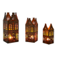 VILLAGE Ljuslykta hus, set om 3, Mässingsfärgad